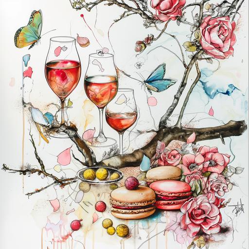 pastel colors, macarons, roses, twigs, butterflies, and wine in the art style of Ralph Steadman, white background.