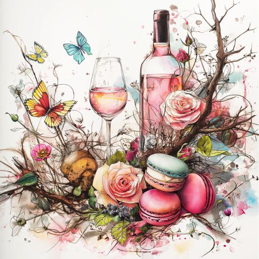 pastel colors, macarons, roses, twigs, butterflies, and wine in the art style of Ralph Steadman, white background.