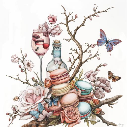 pastel colors, macarons, roses, twigs, butterflies, and wine in the art style of Ralph Steadman, white background.