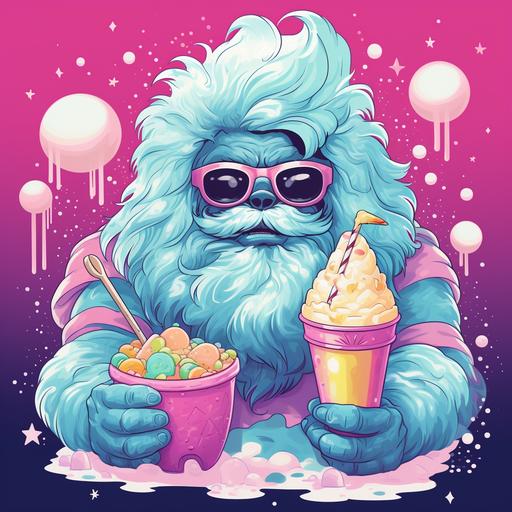 pastel cyberpunk vaporwave, a yeti with an ice cream, snow, stars and sparkles, rainbows, cartoon style