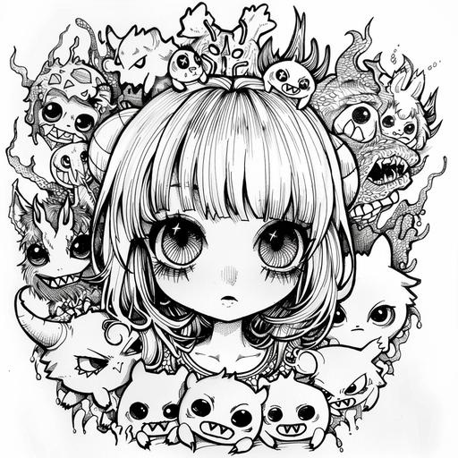 pastel goth chibi girl with monsters around her coloring page