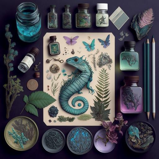 pastel goth-theme knolling, watercolor:: lizards, dragonflies, cears --q 2