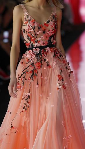 pastel pink tulip patterned fabric as a Elie Saab designer dress on the runway of a Milan Fashion Show --s 750 --v 6.0 --ar 4:7