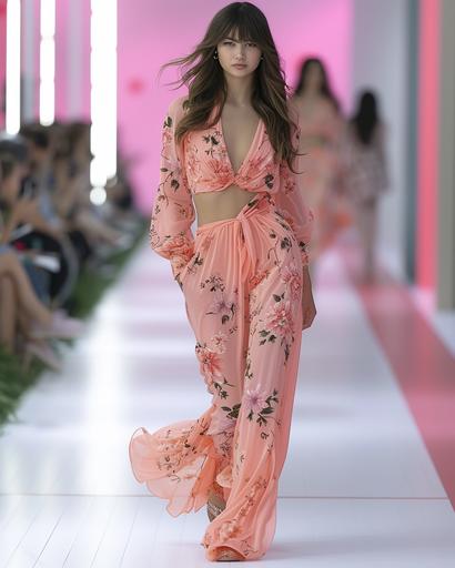 pastel pink tulip patterned fabric as a Elie Saab designer dress on the runway of a Milan Fashion Show --ar 4:5 --s 750 --v 6.0