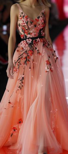 pastel pink tulip patterned fabric as a Elie Saab designer dress on the runway of a Milan Fashion Show --s 750 --v 6.0 --ar 46:103