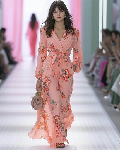 pastel pink tulip patterned fabric as a Elie Saab designer dress on the runway of a Milan Fashion Show --ar 4:5 --s 750 --v 6.0
