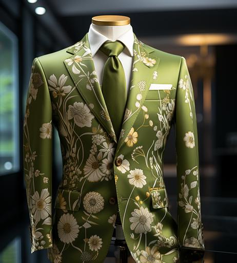 pastel small floral green pattern on a Tom Ford designer casual summer jacket--tile --s 750 --ar 18:20