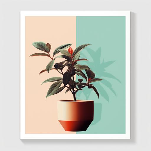 pastel turquoise background block colour. Coffee plant in a light terracotta modern abstract pot