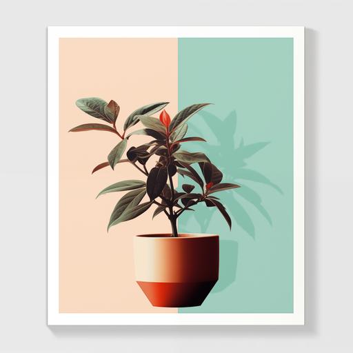 pastel turquoise background block colour. Coffee plant in a light terracotta modern abstract pot