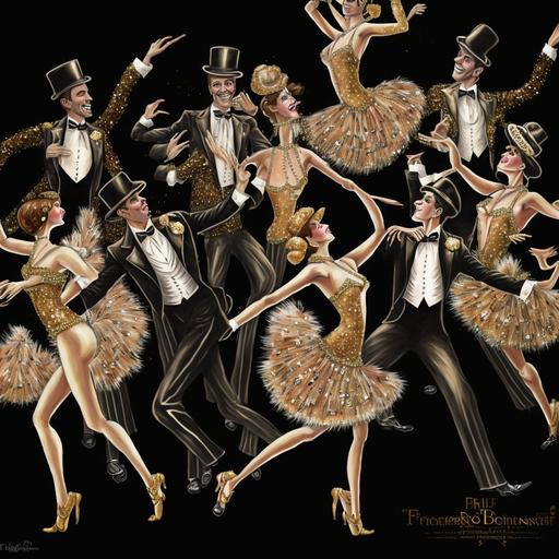 pastiche of french dancing troupe, folie du moulin route, tuxedo, champagne, glitter,detailed --v 4 --q 2