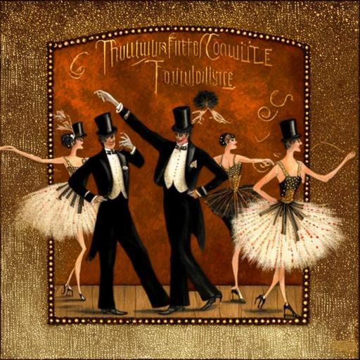 pastiche of french dancing troupe, folie du moulin route, tuxedo, champagne, glitter,detailed --v 4 --q 2