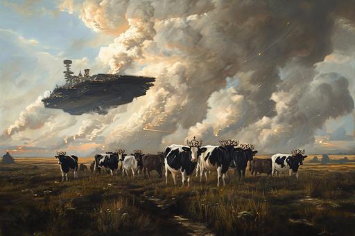 pasture of cows in a field wearing crowns on their heads, star destroyer in the sky, battle, smoke and fire, daytime, oil on canvas --v 6.0 --ar 3:2