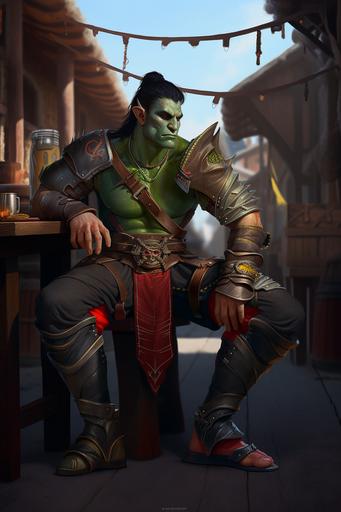 pathfinder kingmaker style, male half orc fighter character, half human, male model, black hair, green skin, red eyes, pointed ears, muscular, full body, rats sitting on his feet, bright sunny light, rainbow aura, metal armor with colourful patches, tavern background, photo, photo realistic, photorealustic , hyper detailed, dynamic pose --v 5 --ar 2:3 --q 2