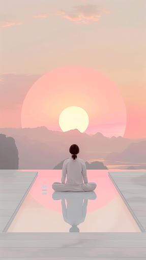 patient receiving reiki healing by female faceless white characters white zen meditation space sunset nature view minimal, --ar 9:16