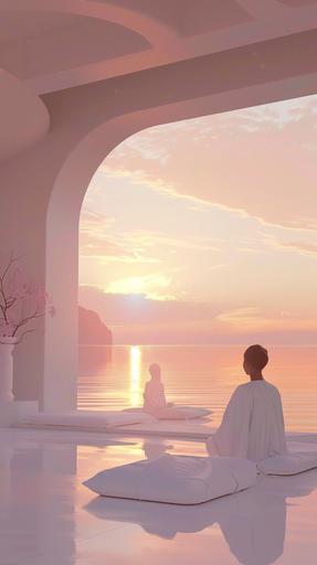 patient receiving reiki healing by female faceless white characters white zen meditation space sunset nature view minimal, --ar 9:16