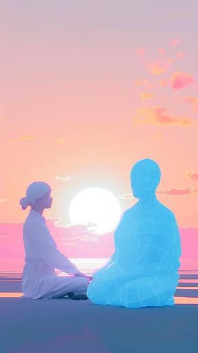 patient receiving reiki healing by female faceless white characters white zen meditation space sunset nature view minimal, --ar 9:16