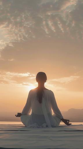 patient receiving reiki healing by female faceless white characters white zen meditation space sunset nature view minimal, --ar 9:16