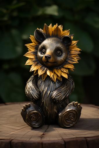 patinaed bronze sculpture of a sunflower teddy bear --ar 2:3
