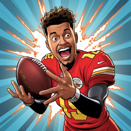 patrick mahomes with little goatee, holding a football, excited, cartoon comic