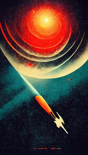 patrolling a quasar, atompunk, retro futuristic, vintage poster, nasa poster, —ar 9:16