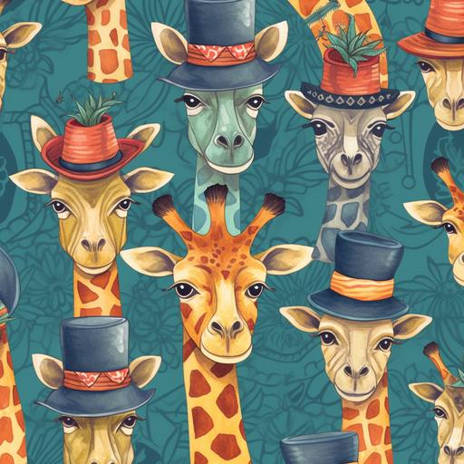 pattern, giraffe, some with their tongue out, some wearing hats