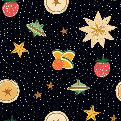 pattern modern illustration cashew and pineapple inside saturn rings made from straw, pattern, embroidered mini star and flowers --tile