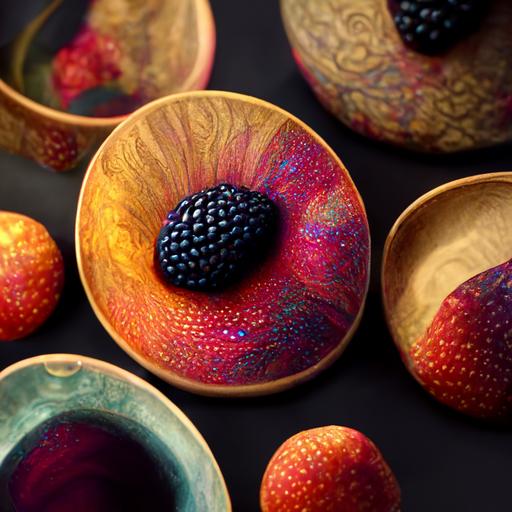 pattern of goblet of realistic fruit that glistens like jewels, kiwi, strawberries, raspberries, grapes, blackberries, inner glow, cinematic, wet, juicy, hyper-realistic, muted colors --s 20000