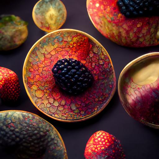 pattern of goblet of realistic fruit that glistens like jewels, kiwi, strawberries, raspberries, grapes, blackberries, inner glow, cinematic, wet, juicy, hyper-realistic, muted colors --s 20000