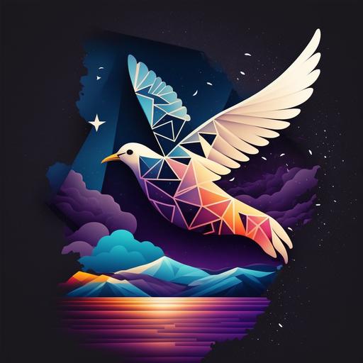 peace dove holding a feather in its beak flying over the ocean at night with stars, watching the dawn break on the horizon, geometric style