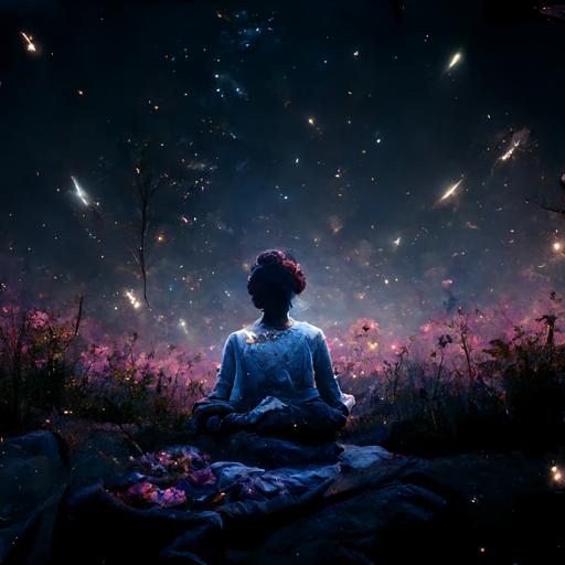 peacefull woman with lutos flower meditating in the forrest at night and the sky looks like outer space, photorealistic, vibrant, unrealengine, cinematic, insanely detailed, crystals, night sky stars --q 2