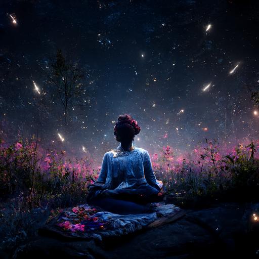 peacefull woman with lutos flower meditating in the forrest at night and the sky looks like outer space, photorealistic, vibrant, unrealengine, cinematic, insanely detailed, crystals, night sky stars --q 2