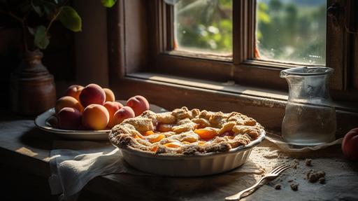 peach cobbler on a rustic table, crumbs on the table, grapes scattered around, light shaft coming from the window with curtains, peach cobbler is a bite, whipped cream dropping down on the peach cobbler, bokeh --ar 16:9 --s 1000 --c 10 --uplight --q 2 --v 5 --s 750 --v 5