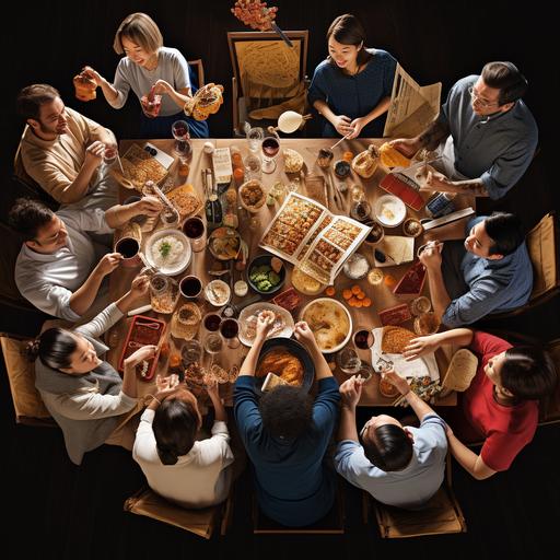 a top down image of a large group of americans dressed as pilgrims eating a chinese takeout dinner around a dinner table. On the table there is wine and chinese takeout boxes and chinese takeout dishes. Everyone is eating with chopsticks.
