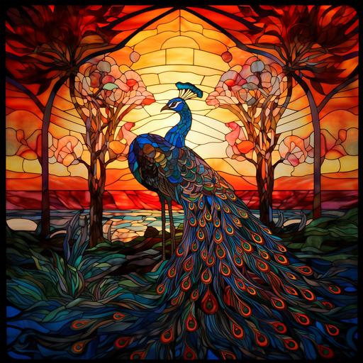 peacock stained glass, sunset