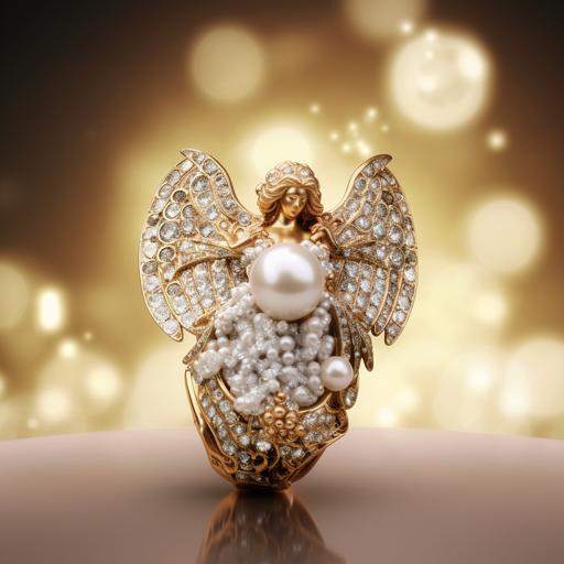 pearl and diamond encrusted angel face ring with heavenly theme background facing camera photorealistic --q 2 --v 5