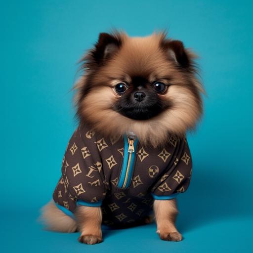 pekingese pomeranian mix with black hair wearing a brown louis vuitton tracksuit on a blue backround