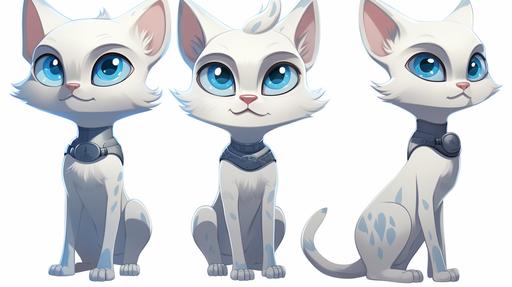 Character design of a white and grey Siamese cat who is a sidekick to a 5-year old Superhero girl in a futuristic world where flying cars and interstellar adventures are the norm, for a children comic book, has teleportation and chameleon effect superpowers, show different views of the cat, --ar 16:9 --v 5.2