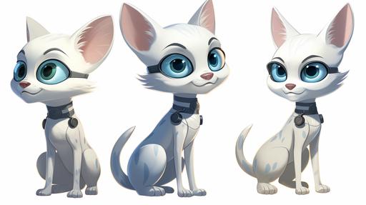 Character design of a white and grey Siamese cat who is a sidekick to a 5-year old Superhero girl in a futuristic world where flying cars and interstellar adventures are the norm, for a children comic book, has teleportation and chameleon effect superpowers, show different views of the cat, --ar 16:9 --v 5.2