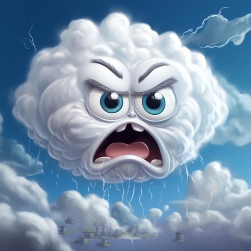 an imaginary typical storm cloud cartoon character with features like eyes, nose, mouth and chubby hands and legs, for a children comic book titled 