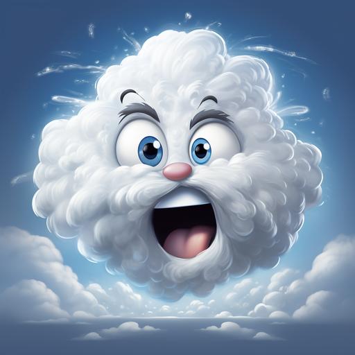 an imaginary typical storm cloud cartoon character with features like eyes, nose, mouth and chubby hands and legs, for a children comic book titled 