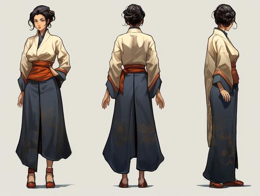 comic character design showing front and back views of a traditional japanese mom, tall, athletic, and smart, full body view, --ar 16:12