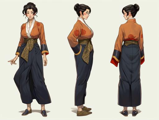 comic character design showing front and back views of a traditional japanese mom, tall, athletic, and smart, full body view, --ar 16:12