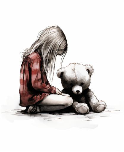 pen and ink illustration, color shading, little girl crying into her small teddy bear wearing in the style of shel silverstein, no words or letters --ar 9:11