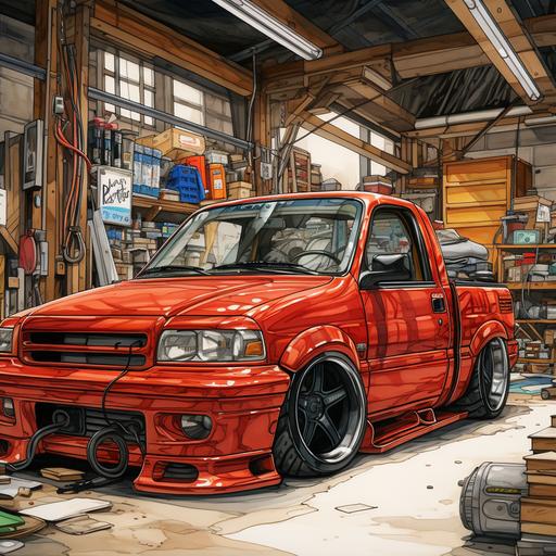 pen and ink line red 1998 1999 2000 ford Lightning lowered wide body fender flares inside mechanic garage studio Ghibli style with parts and tools all around it zoomed out view