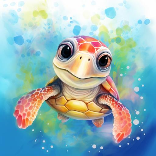 pencil drawing of a cute baby sea turtle, cartoon style with colorful Aquarell background