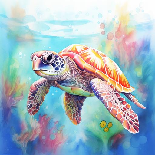 pencil drawing of a cute baby sea turtle, cartoon style with colorful Aquarell background