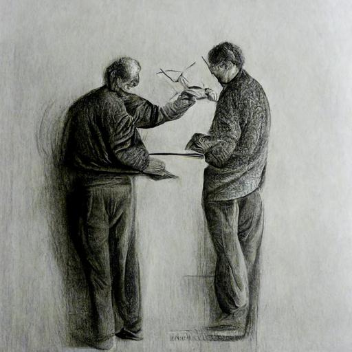 pencil drawing of a man drawing a man drawing a man recursively infinite, pencil, artistic , matte