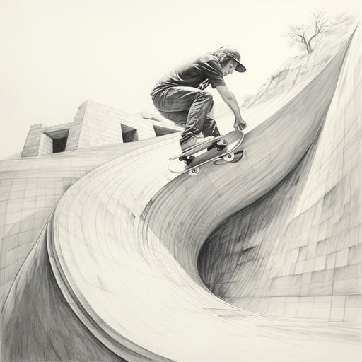 pencil drawing, skateboarding a half pipe
