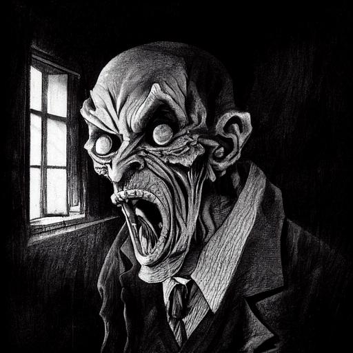 pencil drawn sketch of insane scary old man design by junji ito inside asylum, eyes on the old walls around, very detailed, reaslitic, everything old, hd, hq, shadows in the background --test --creative