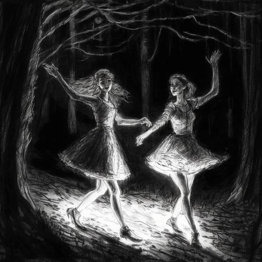 pencil sketch, girls dancing dodole and holding hands in dark forest, black and white